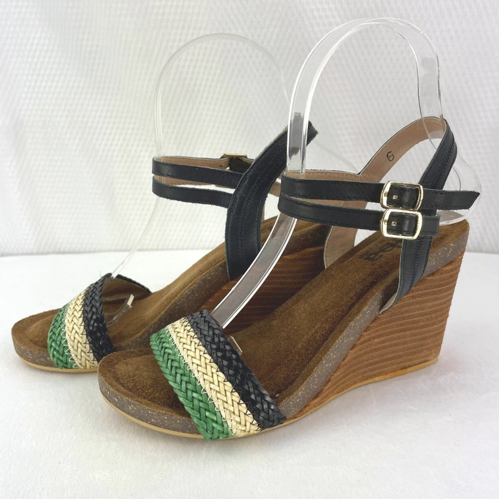 DIBA cork wedge sandal with straw strap across toes & buckle ankle strap - SZ 6
